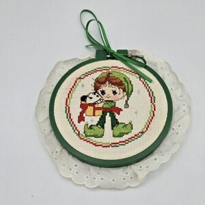 VTG CUTE CHRISTMAS ELF Finished‎ Cross Stitch Ornament Gift Keepsake Brown Hair